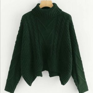Mixed Knit Asymmetrical Hem Turtleneck Sweater